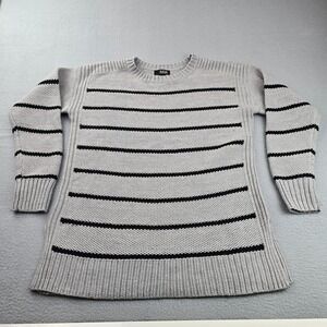 A N A A New Approach Sweater Womens Medium Gray Black Striped Knit Side Slit Rib